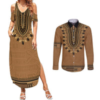 Brown African Dashiki With Fijian Tapa Pattern Couples Matching Summer Maxi Dress and Long Sleeve Button Shirt LT14 Brown - Polynesian Pride