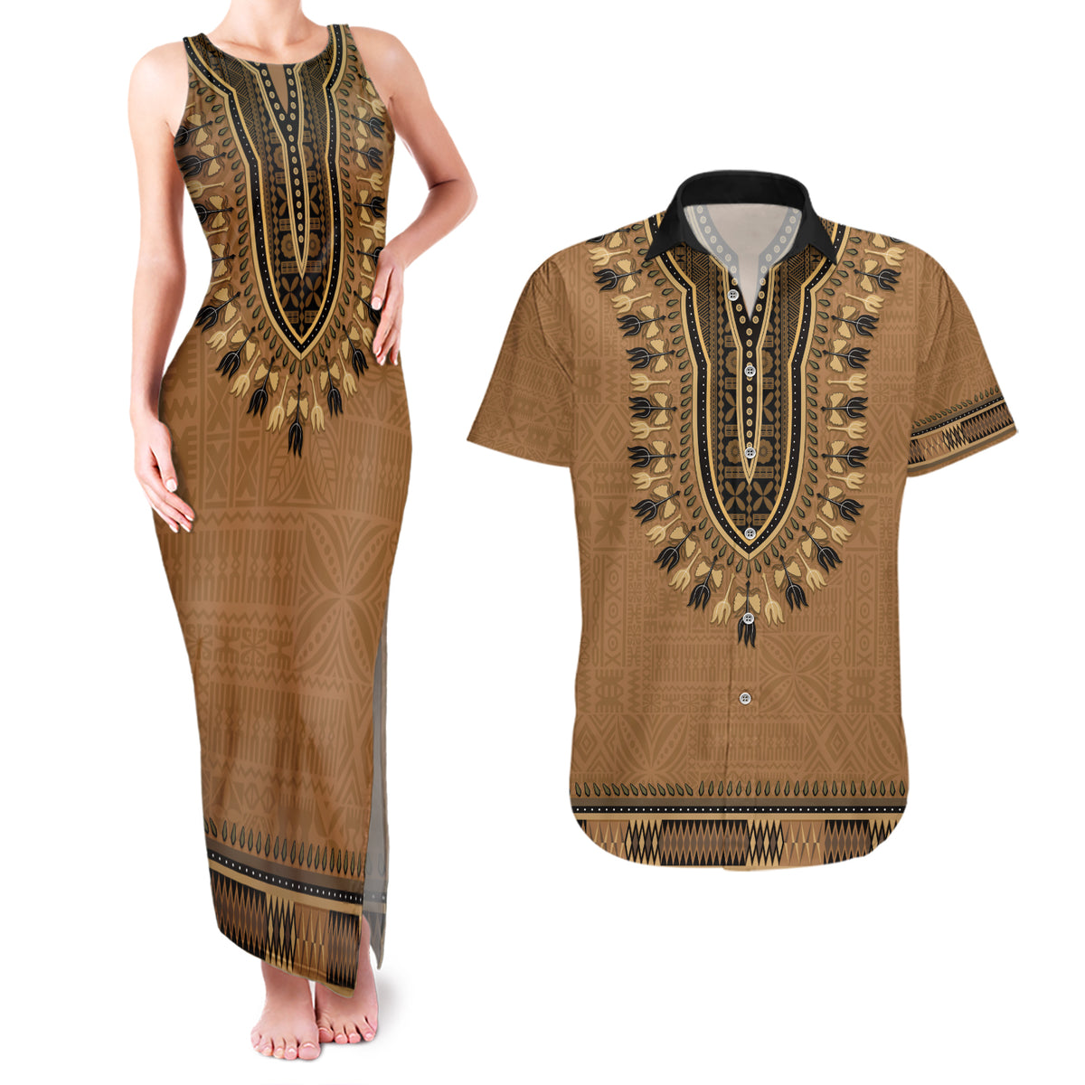 Brown African Dashiki With Fijian Tapa Pattern Couples Matching Tank Maxi Dress and Hawaiian Shirt LT14 Brown - Polynesian Pride