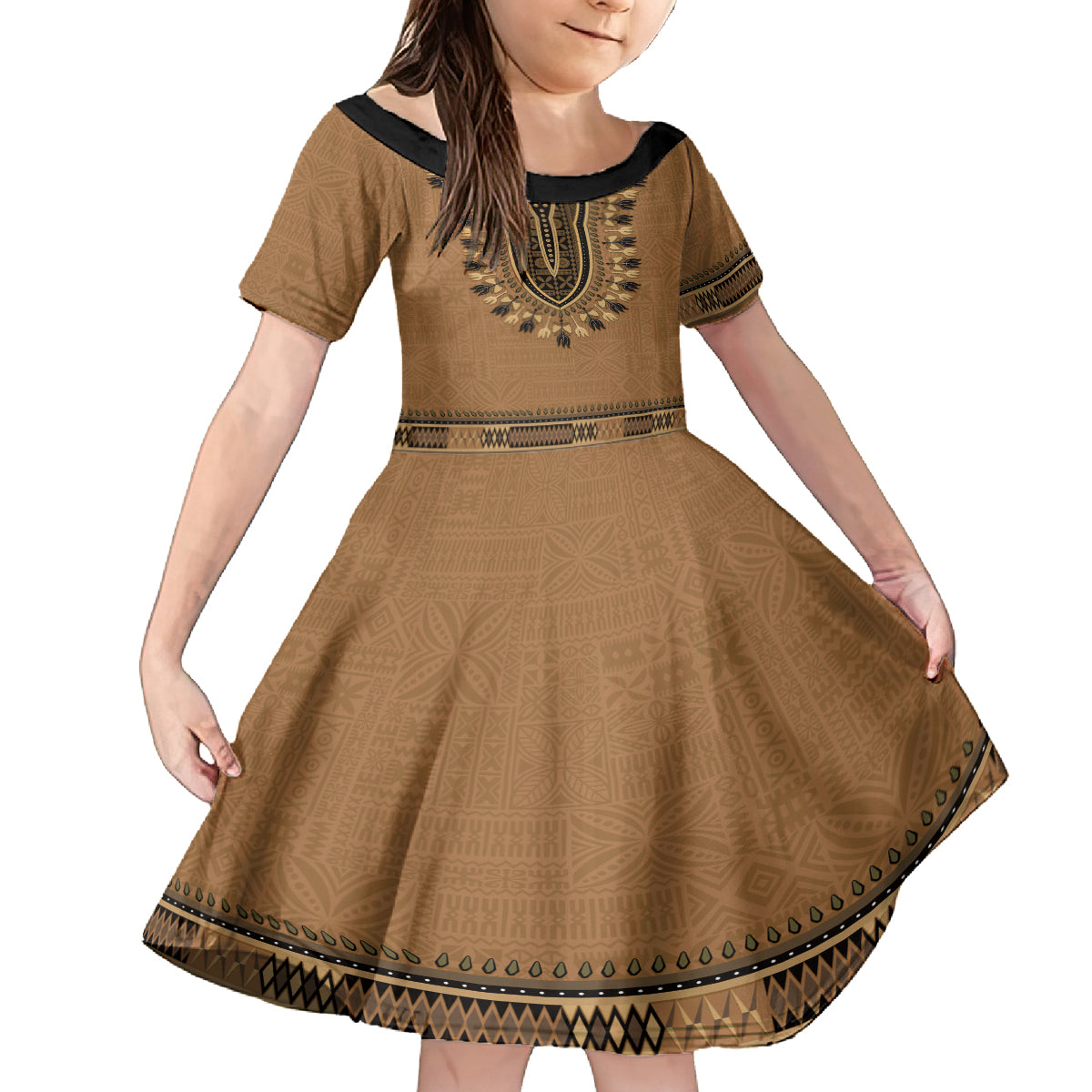 Brown African Dashiki With Fijian Tapa Pattern Family Matching Long Sleeve Bodycon Dress and Hawaiian Shirt