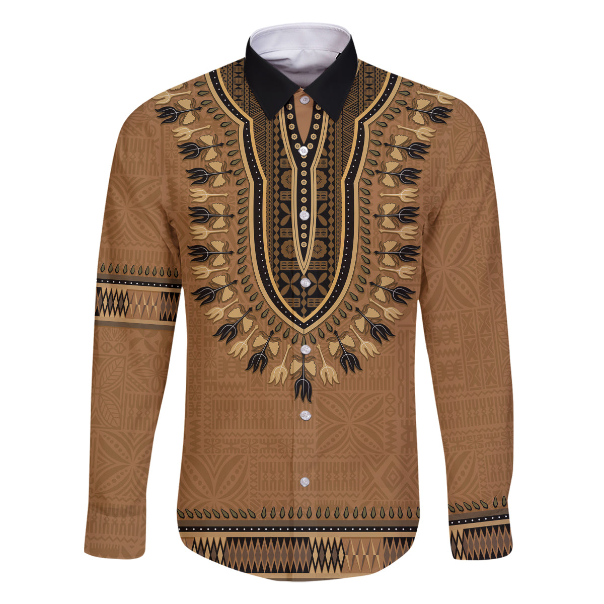 Brown African Dashiki With Fijian Tapa Pattern Family Matching Off Shoulder Short Dress and Hawaiian Shirt