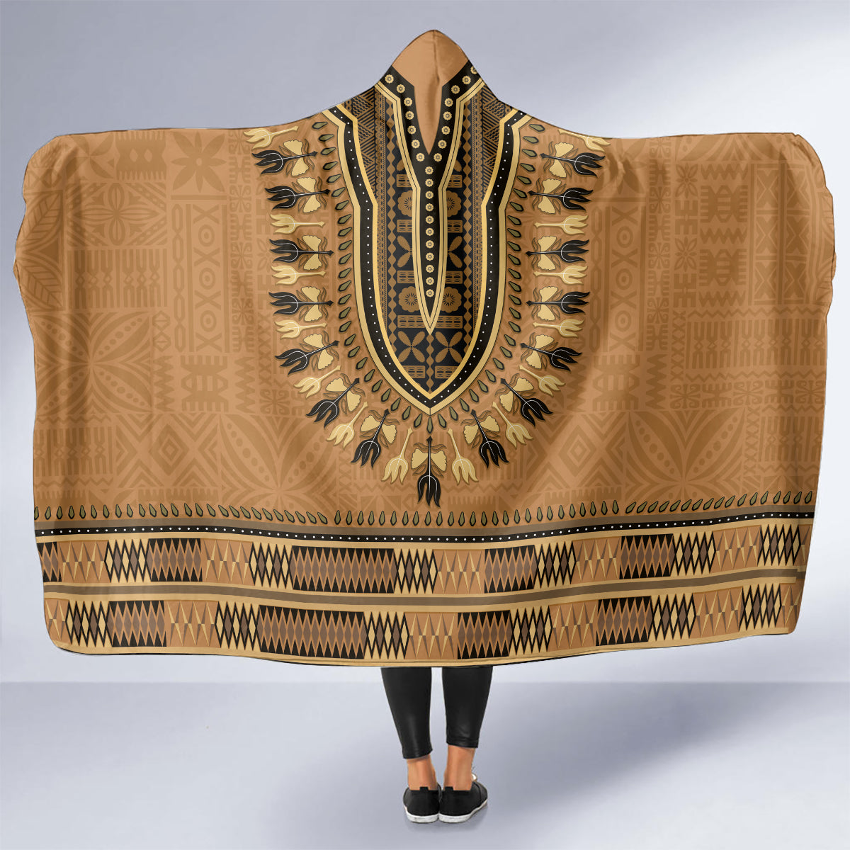 Brown African Dashiki With Fijian Tapa Pattern Hooded Blanket
