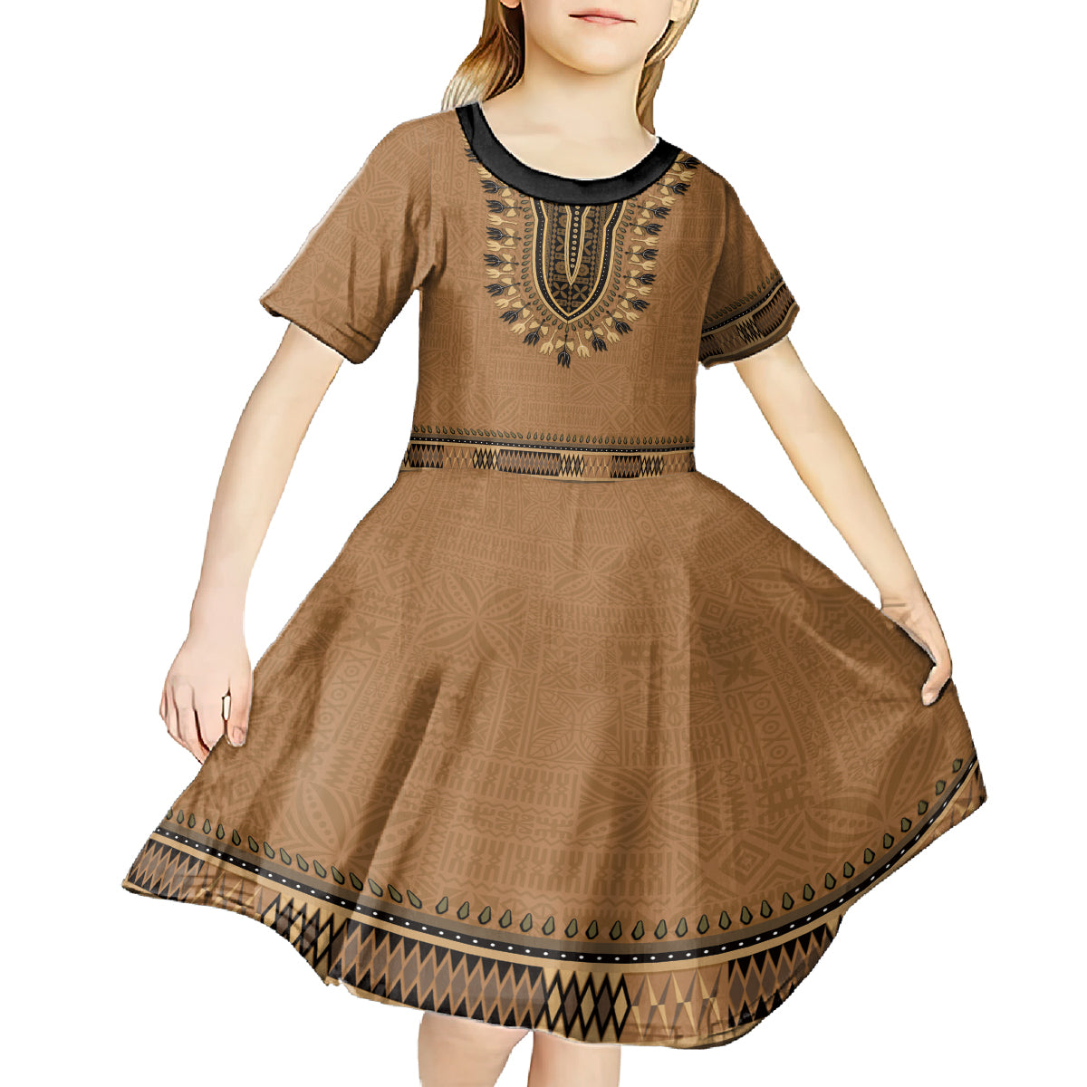 Brown African Dashiki With Fijian Tapa Pattern Kid Short Sleeve Dress LT14 - Polynesian Pride
