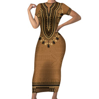 Brown African Dashiki With Fijian Tapa Pattern Short Sleeve Bodycon Dress LT14 Long Dress Brown - Polynesian Pride