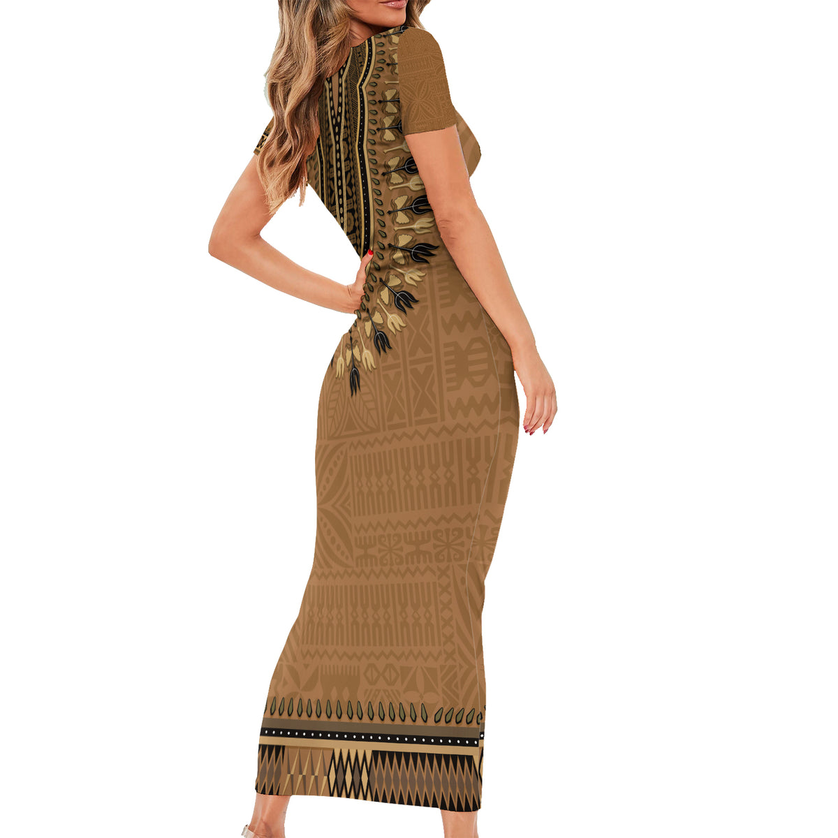 Brown African Dashiki With Fijian Tapa Pattern Short Sleeve Bodycon Dress LT14 - Polynesian Pride
