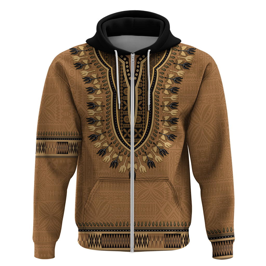 Brown African Dashiki With Fijian Tapa Pattern Zip Hoodie