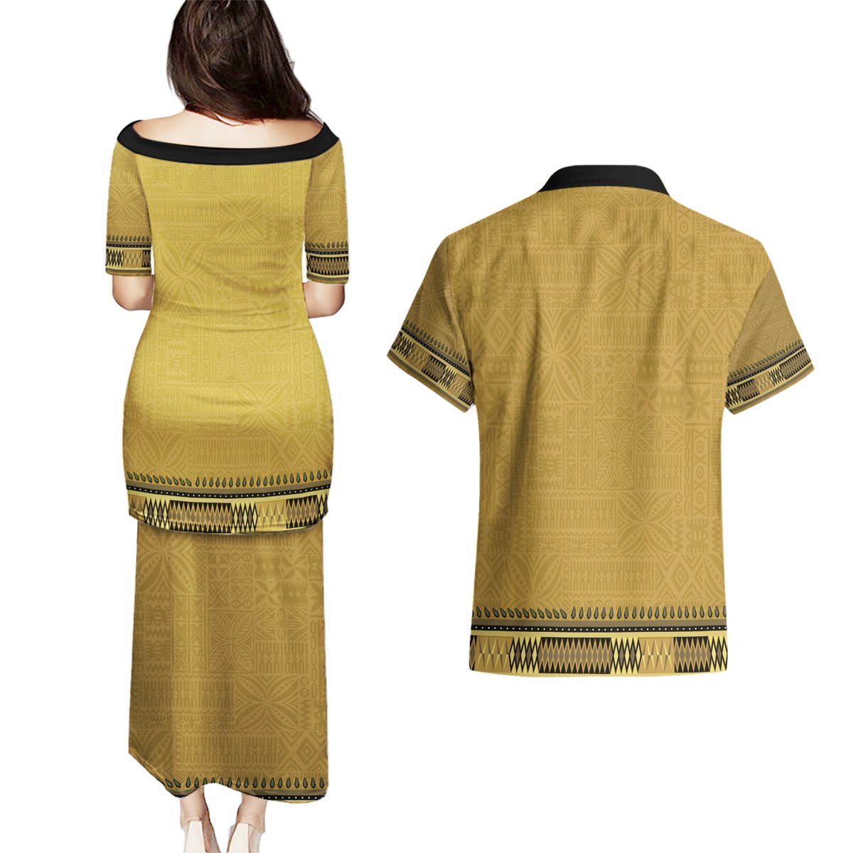 Gold African Dashiki With Fijian Tapa Pattern Couples Matching Puletasi and Hawaiian Shirt LT14 - Polynesian Pride