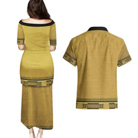 Gold African Dashiki With Fijian Tapa Pattern Couples Matching Puletasi and Hawaiian Shirt LT14 - Polynesian Pride