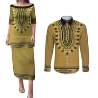 Gold African Dashiki With Fijian Tapa Pattern Couples Matching Puletasi and Long Sleeve Button Shirt LT14 Gold - Polynesian Pride