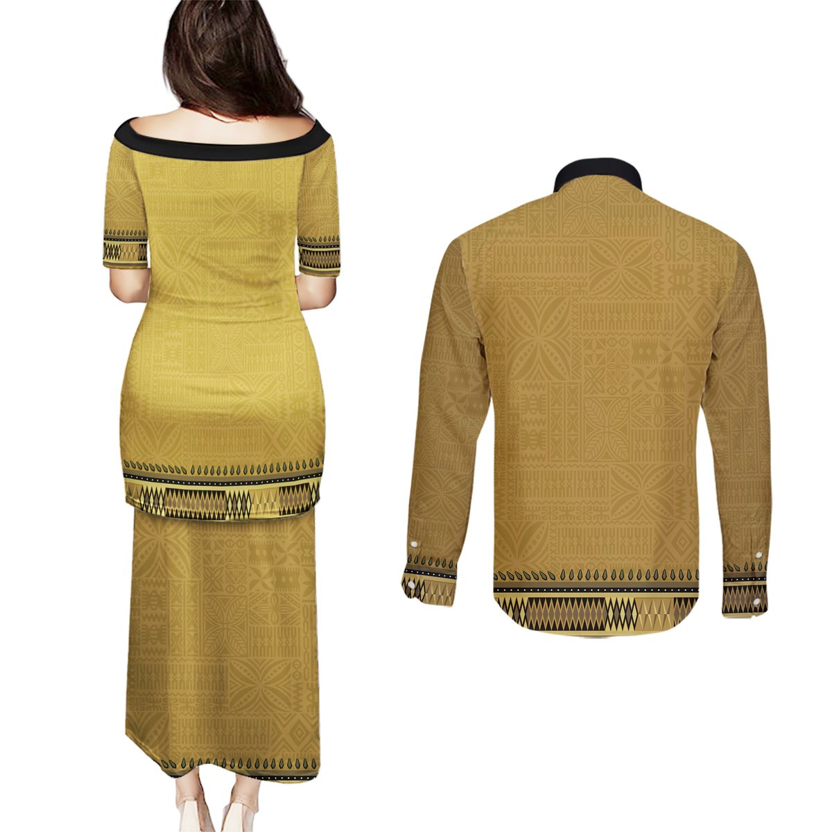 Gold African Dashiki With Fijian Tapa Pattern Couples Matching Puletasi and Long Sleeve Button Shirt LT14 - Polynesian Pride