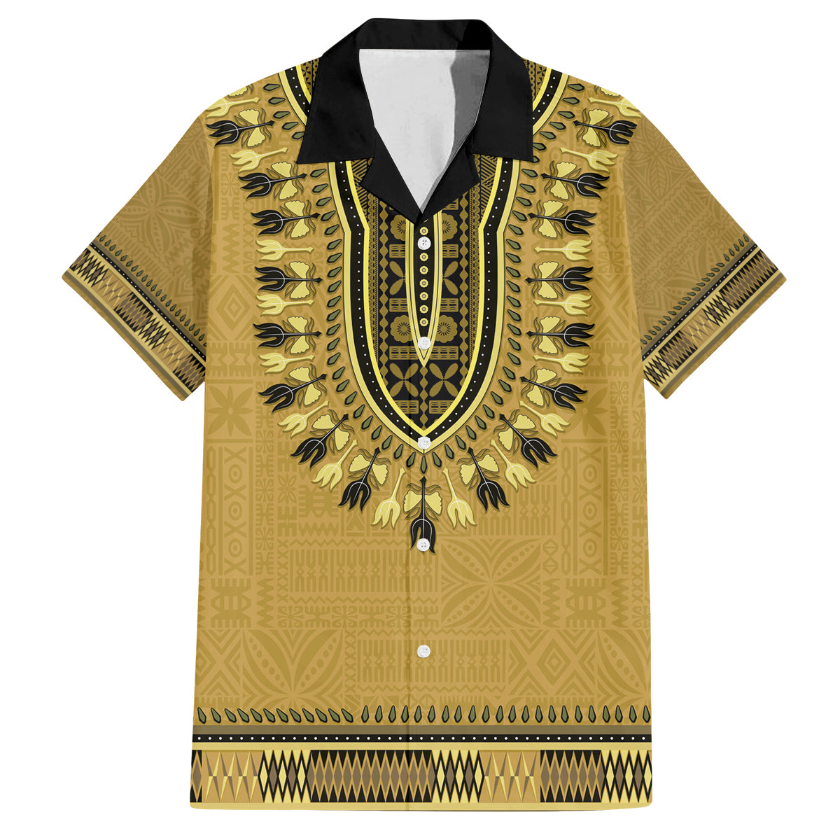 Gold African Dashiki With Fijian Tapa Pattern Family Matching Off The Shoulder Long Sleeve Dress and Hawaiian Shirt