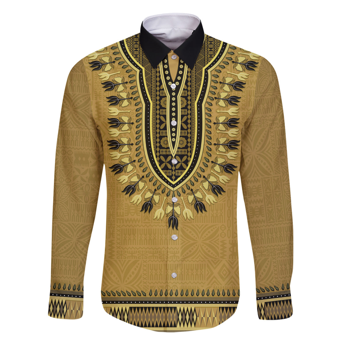 Gold African Dashiki With Fijian Tapa Pattern Family Matching Off The Shoulder Long Sleeve Dress and Hawaiian Shirt
