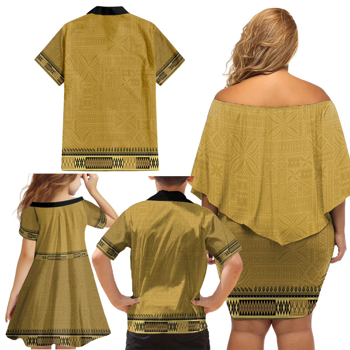 Gold African Dashiki With Fijian Tapa Pattern Family Matching Off Shoulder Short Dress and Hawaiian Shirt