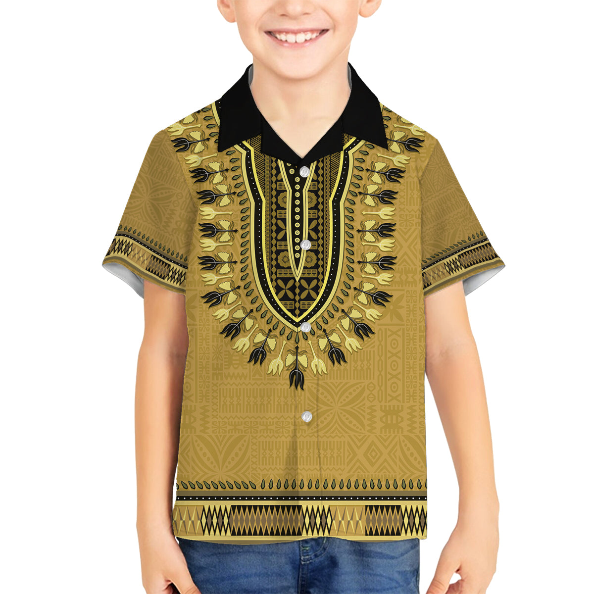 Gold African Dashiki With Fijian Tapa Pattern Family Matching Off Shoulder Short Dress and Hawaiian Shirt