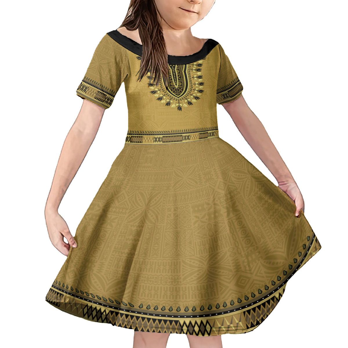 Gold African Dashiki With Fijian Tapa Pattern Kid Short Sleeve Dress