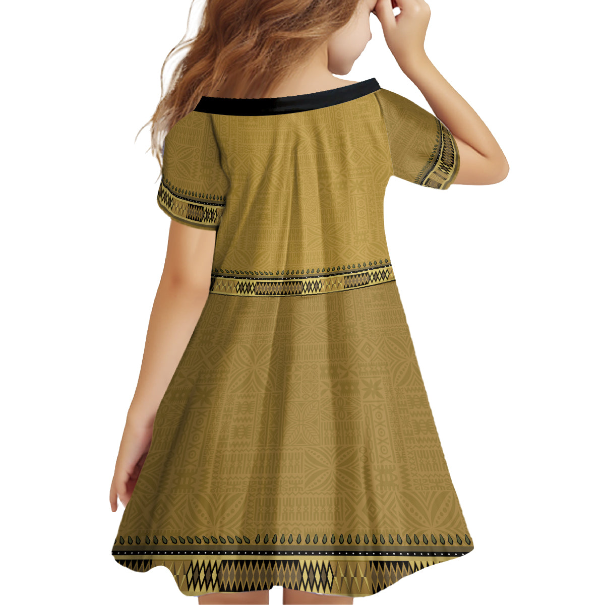 Gold African Dashiki With Fijian Tapa Pattern Kid Short Sleeve Dress