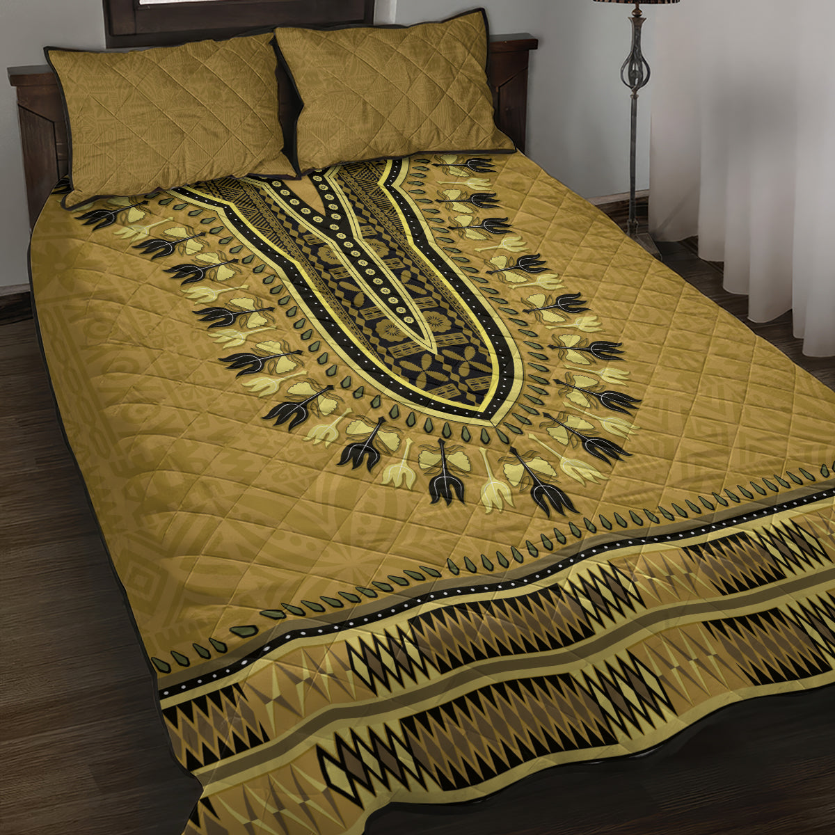 Gold African Dashiki With Fijian Tapa Pattern Quilt Bed Set
