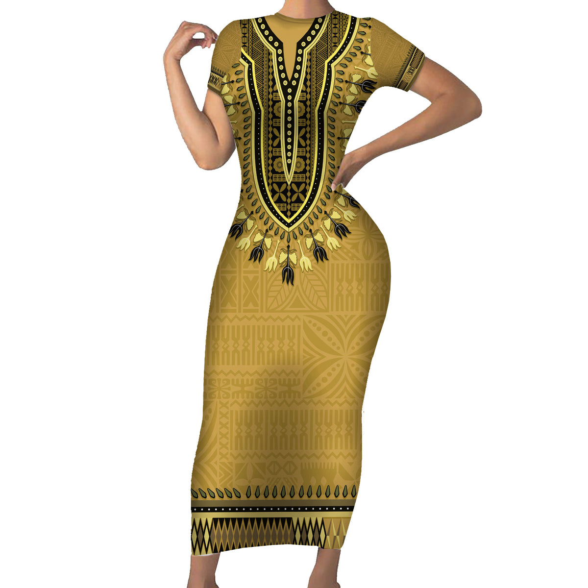 Gold African Dashiki With Fijian Tapa Pattern Short Sleeve Bodycon Dress LT14 Long Dress Gold - Polynesian Pride