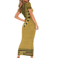 Gold African Dashiki With Fijian Tapa Pattern Short Sleeve Bodycon Dress LT14 - Polynesian Pride