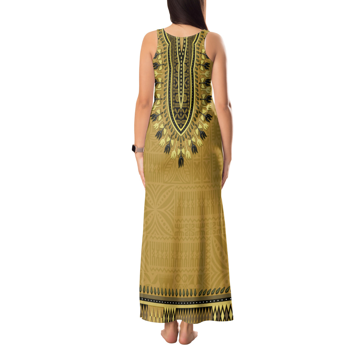 Gold African Dashiki With Fijian Tapa Pattern Tank Maxi Dress