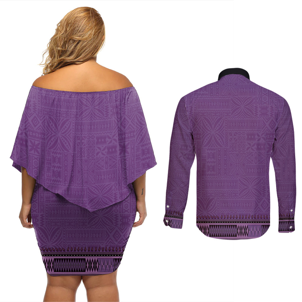 Purple African Dashiki With Fijian Tapa Pattern Couples Matching Off Shoulder Short Dress and Long Sleeve Button Shirt