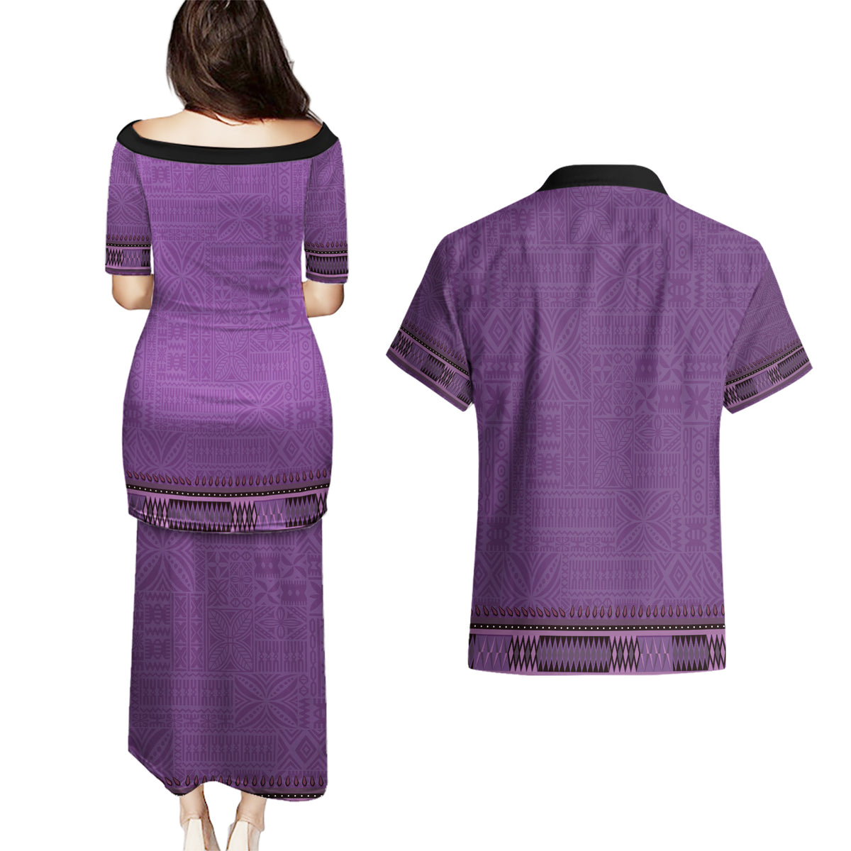 Purple African Dashiki With Fijian Tapa Pattern Couples Matching Puletasi and Hawaiian Shirt