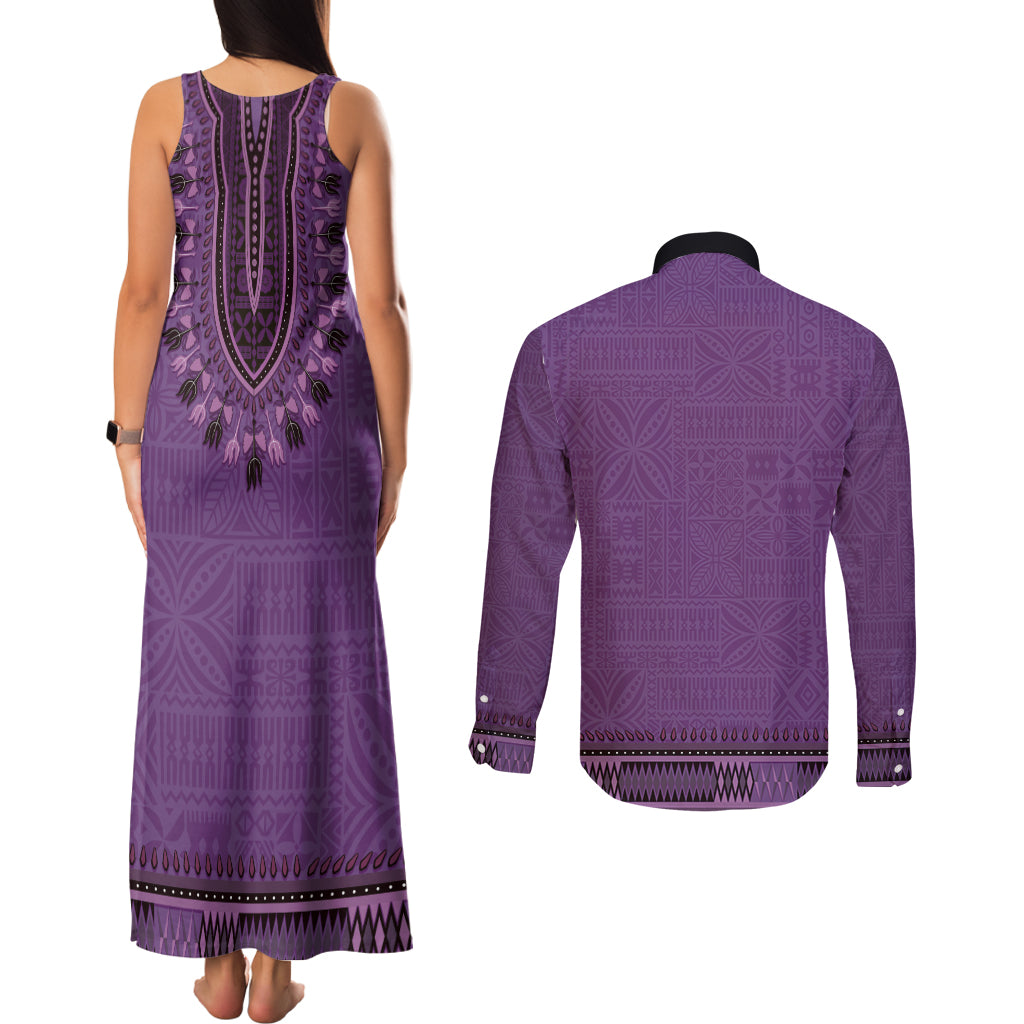 Purple African Dashiki With Fijian Tapa Pattern Couples Matching Tank Maxi Dress and Long Sleeve Button Shirt LT14 - Polynesian Pride