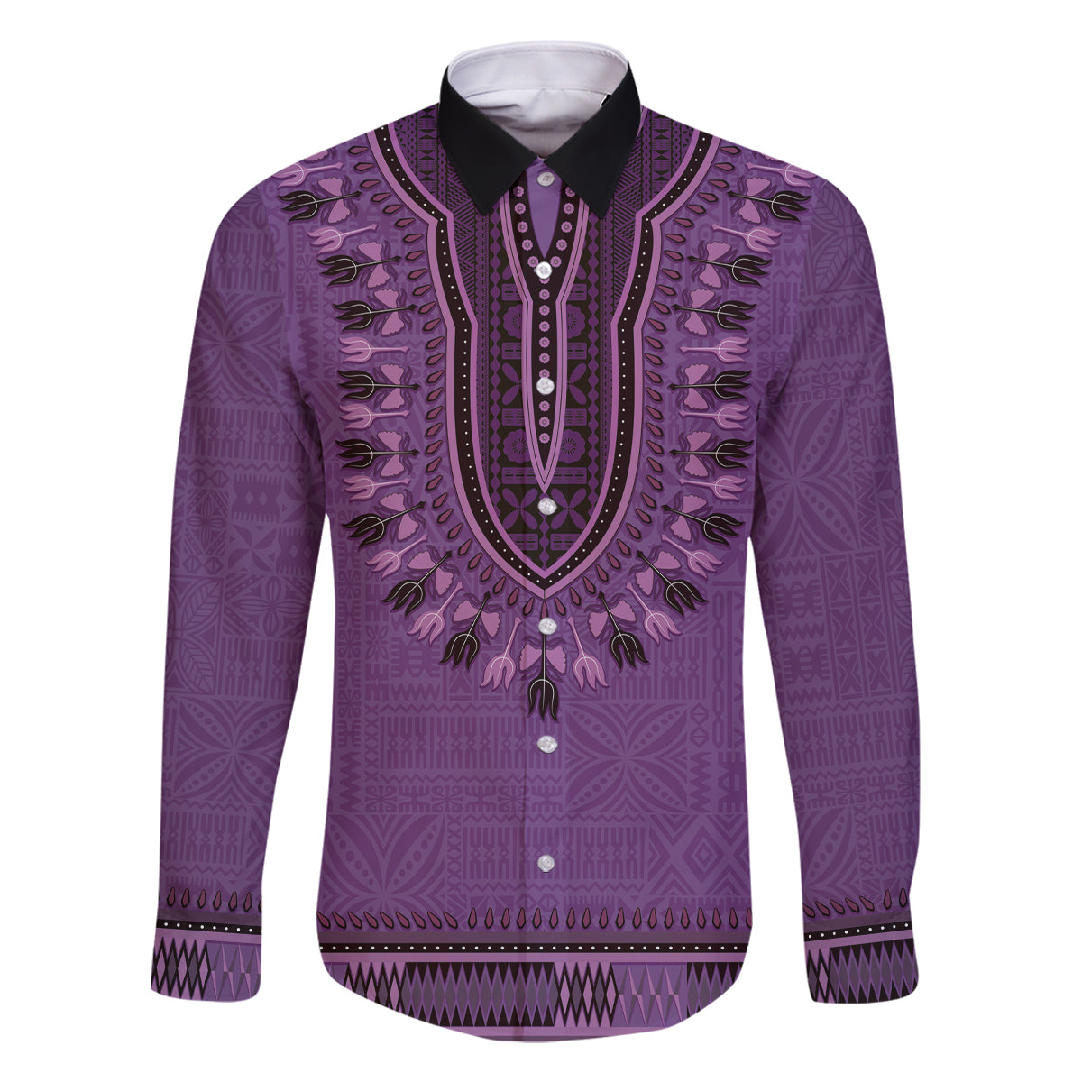Purple African Dashiki With Fijian Tapa Pattern Family Matching Long Sleeve Bodycon Dress and Hawaiian Shirt