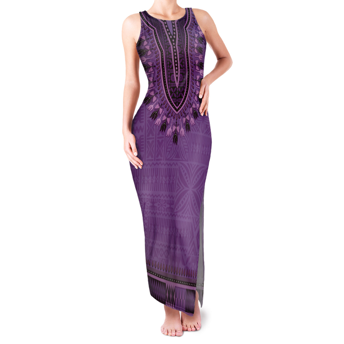 Purple African Dashiki With Fijian Tapa Pattern Family Matching Tank Maxi Dress and Hawaiian Shirt