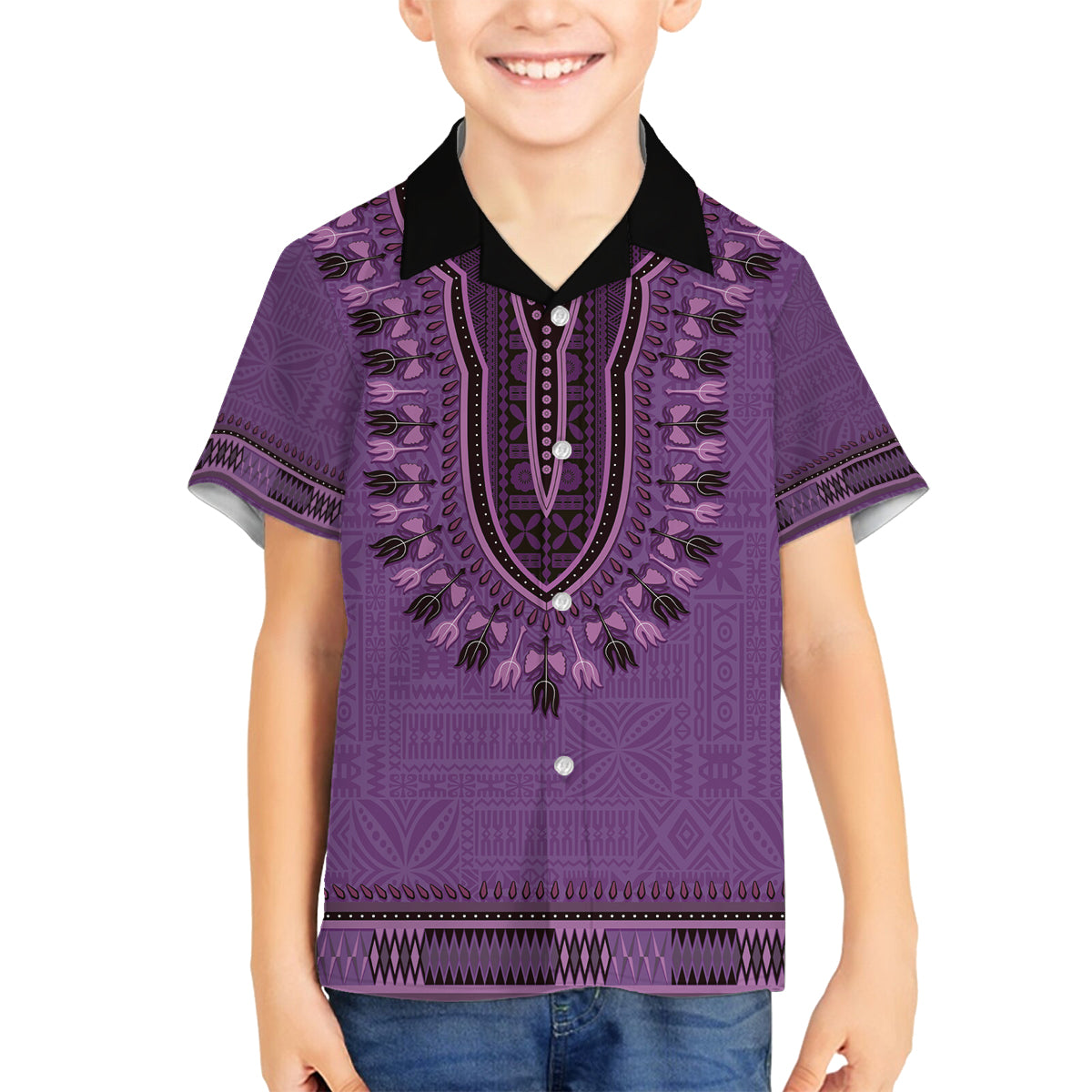 Purple African Dashiki With Fijian Tapa Pattern Family Matching Tank Maxi Dress and Hawaiian Shirt