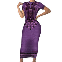 Purple African Dashiki With Fijian Tapa Pattern Short Sleeve Bodycon Dress LT14 Long Dress Purple - Polynesian Pride