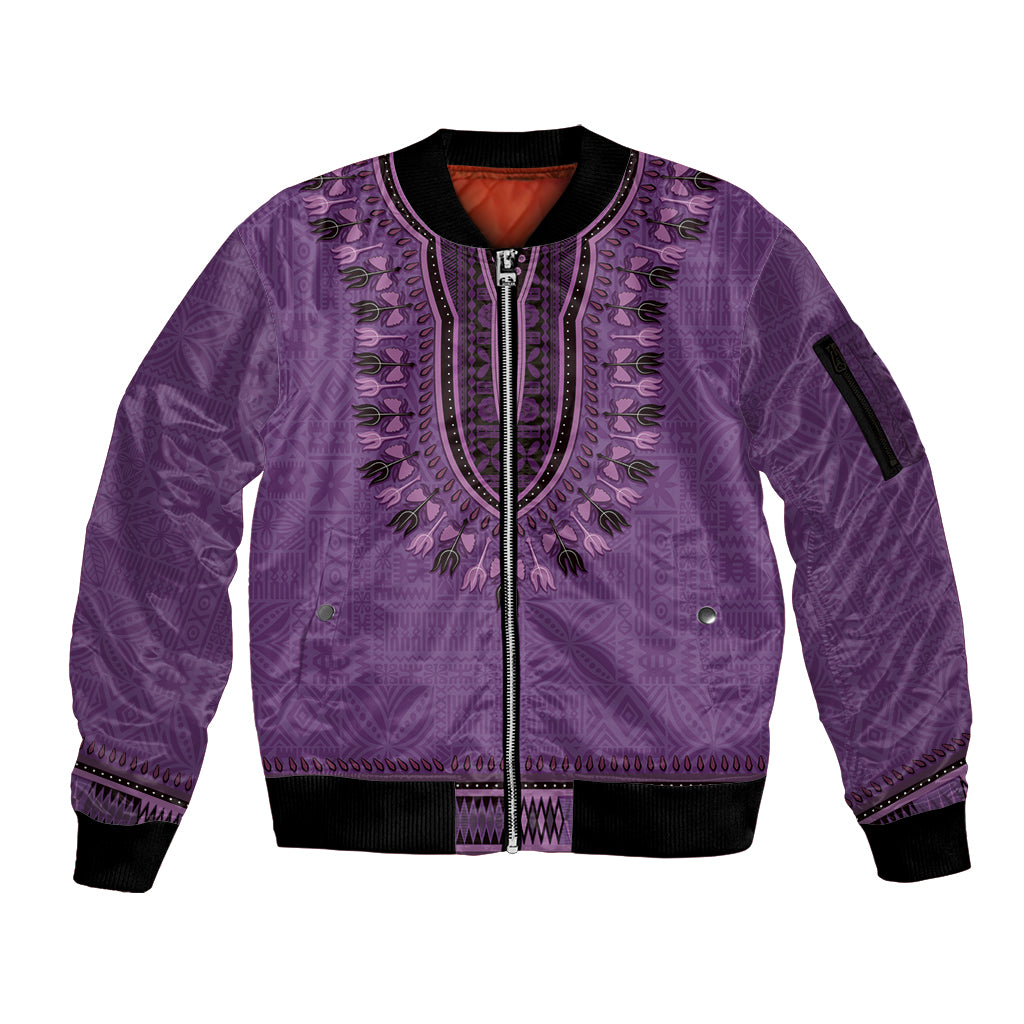 Purple African Dashiki With Fijian Tapa Pattern Sleeve Zip Bomber Jacket