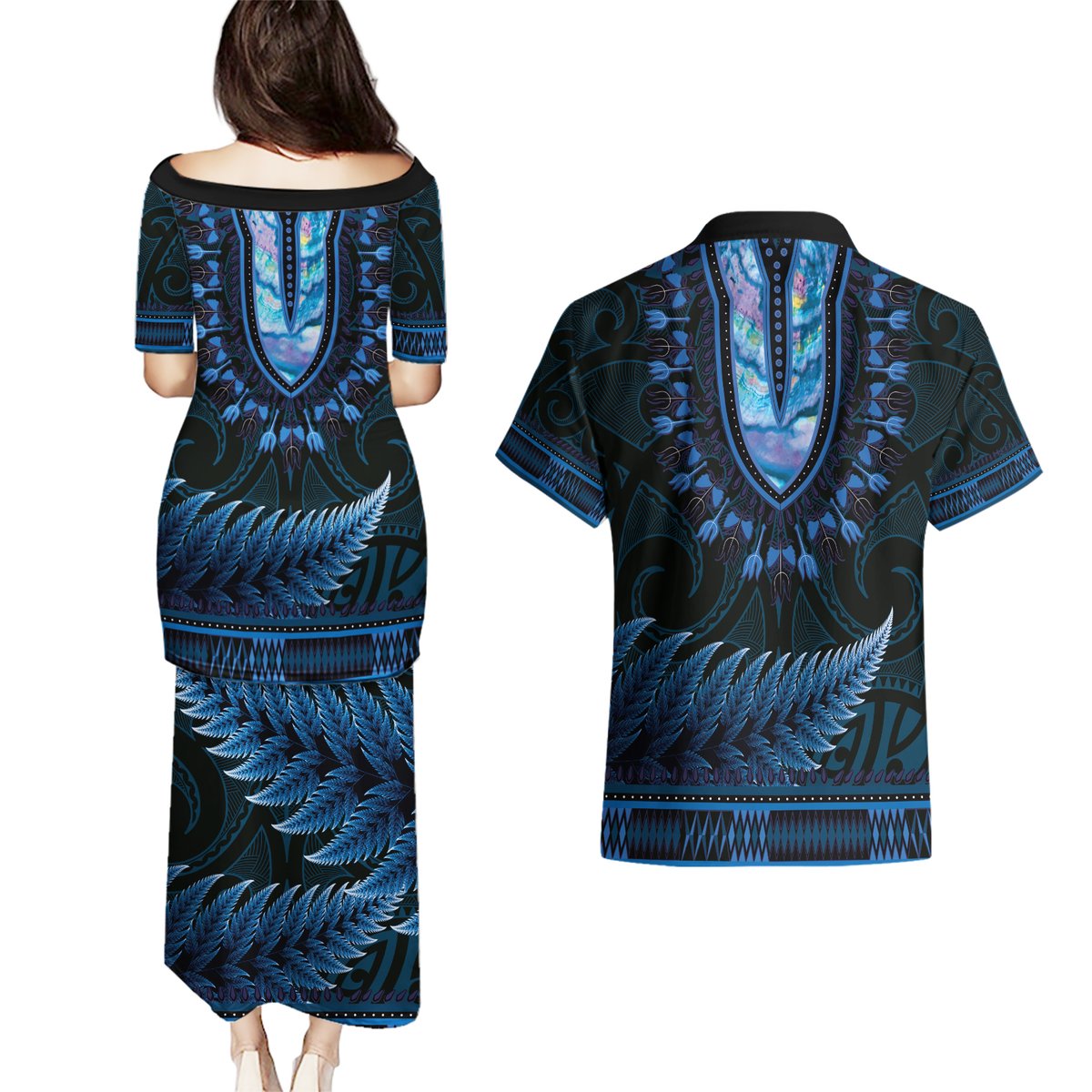Blue African Dashiki With Aotearoa Maori Couples Matching Puletasi and Hawaiian Shirt Paua Shell Mix Silver Fern