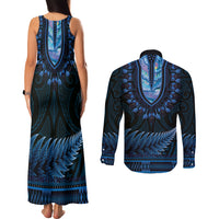 Blue African Dashiki With Aotearoa Maori Couples Matching Tank Maxi Dress and Long Sleeve Button Shirt Paua Shell Mix Silver Fern