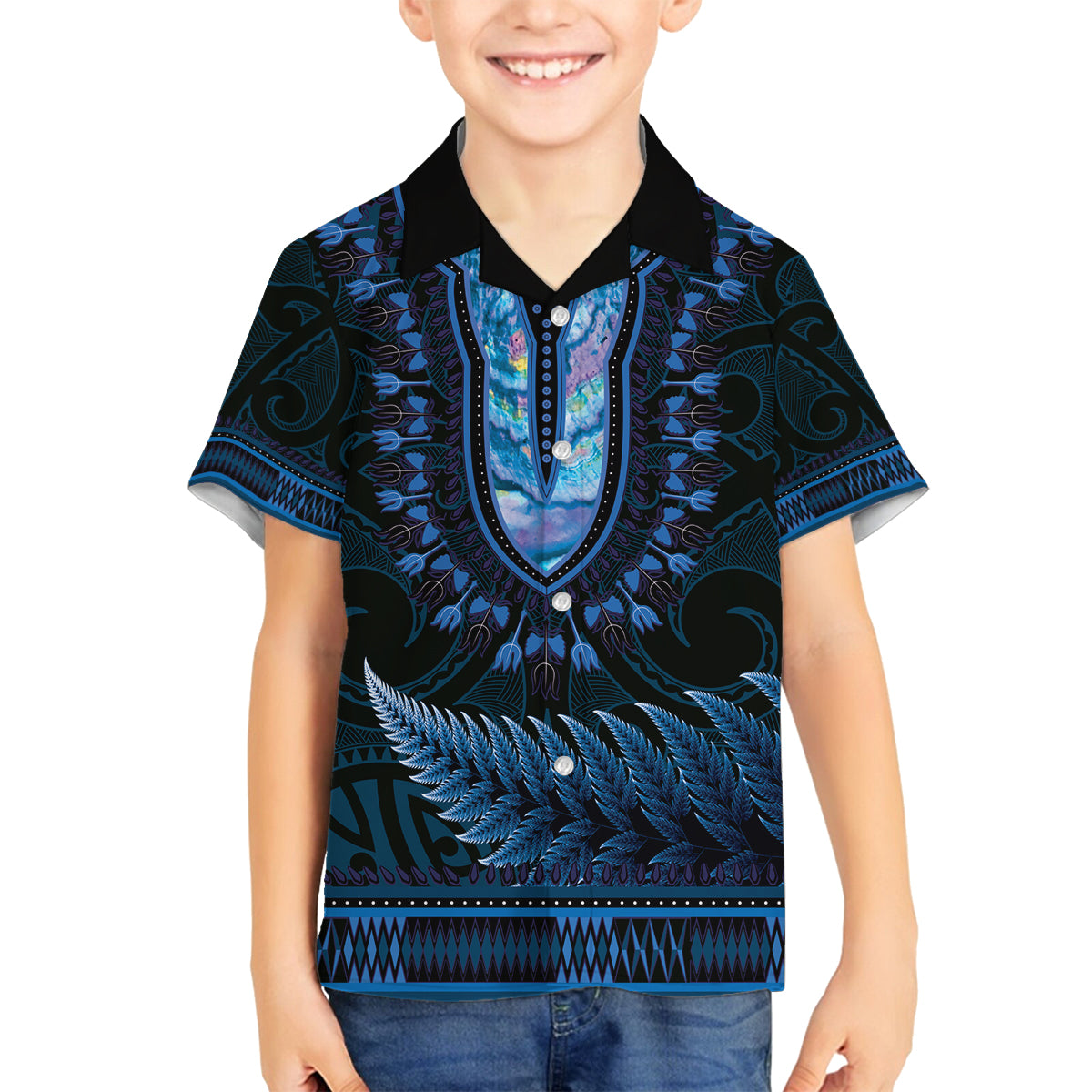 Blue African Dashiki With Aotearoa Maori Family Matching Long Sleeve Bodycon Dress and Hawaiian Shirt Paua Shell Mix Silver Fern