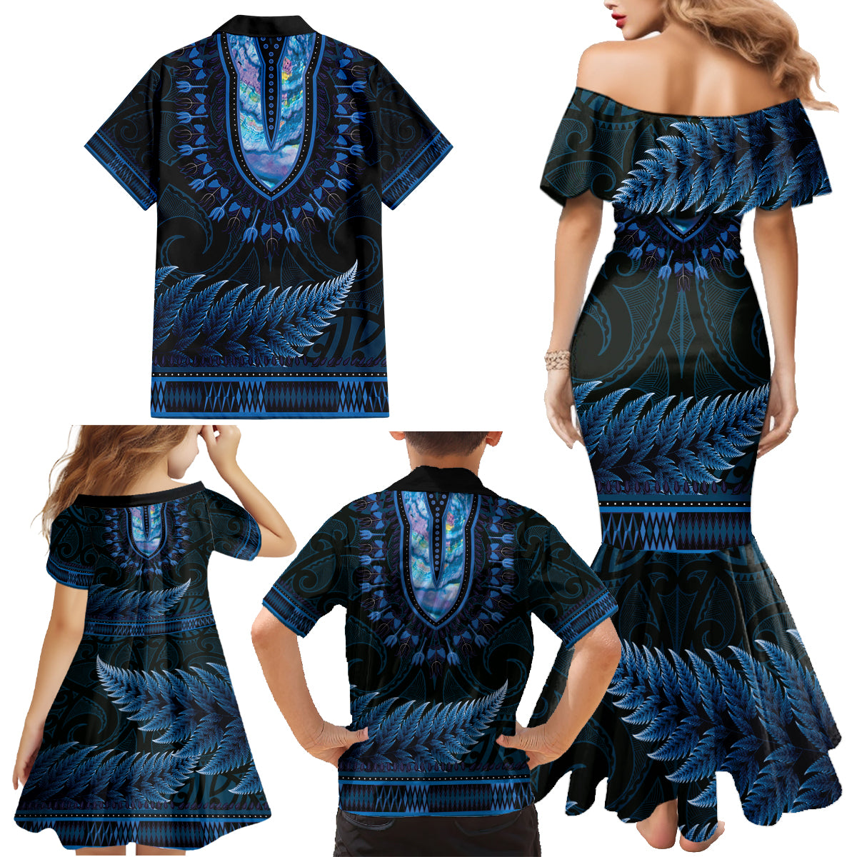 Blue African Dashiki With Aotearoa Maori Family Matching Mermaid Dress and Hawaiian Shirt Paua Shell Mix Silver Fern