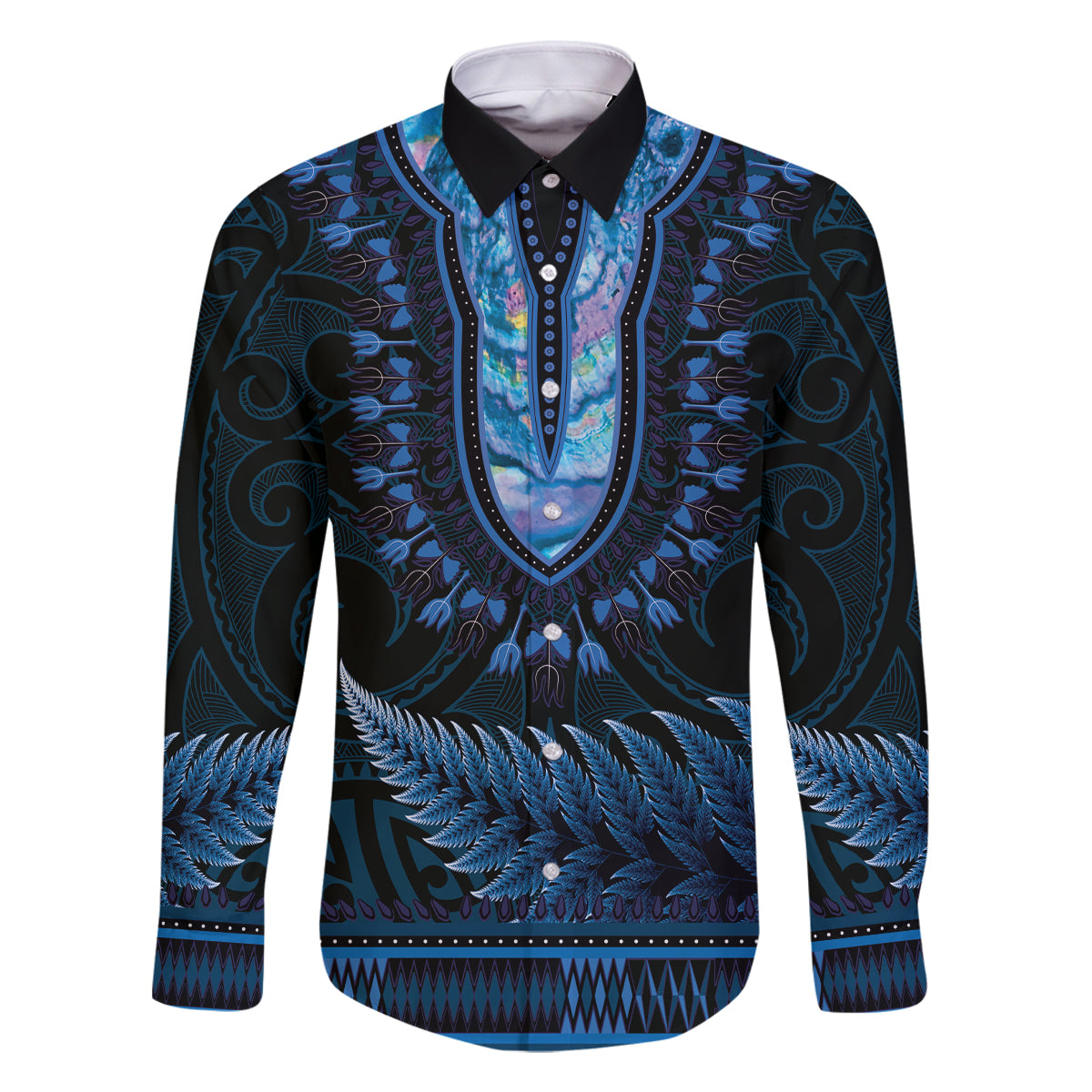 Blue African Dashiki With Aotearoa Maori Family Matching Mermaid Dress and Hawaiian Shirt Paua Shell Mix Silver Fern