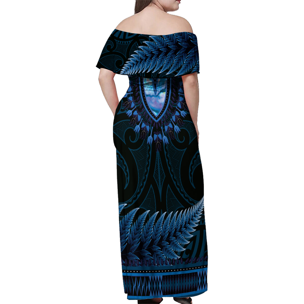 Blue African Dashiki With Aotearoa Maori Family Matching Off Shoulder Maxi Dress and Hawaiian Shirt Paua Shell Mix Silver Fern