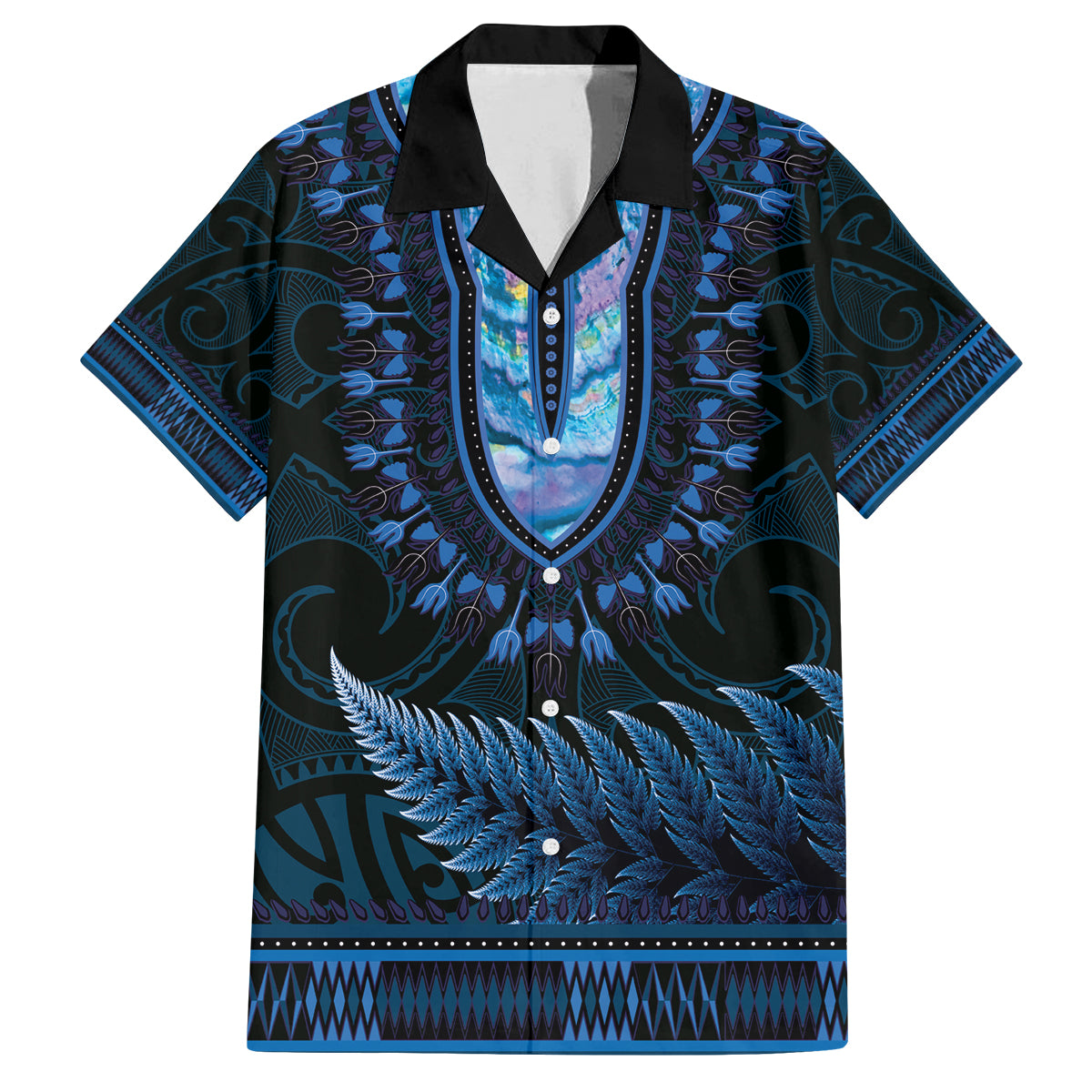 Blue African Dashiki With Aotearoa Maori Family Matching Off Shoulder Short Dress and Hawaiian Shirt Paua Shell Mix Silver Fern