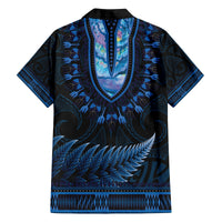 Blue African Dashiki With Aotearoa Maori Family Matching Off Shoulder Short Dress and Hawaiian Shirt Paua Shell Mix Silver Fern
