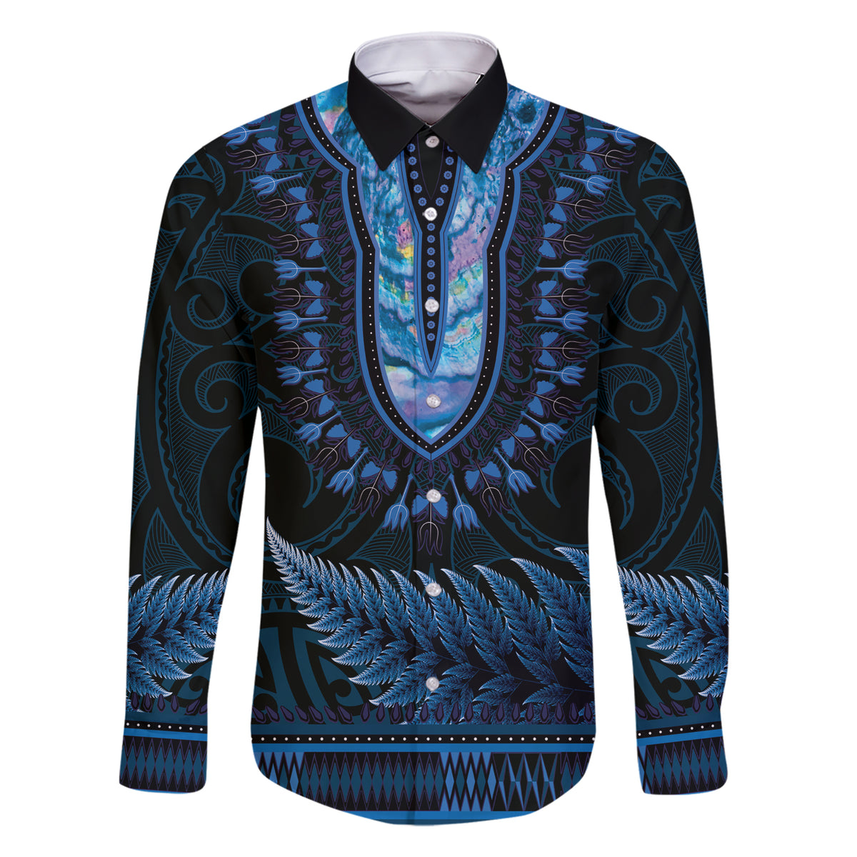 Blue African Dashiki With Aotearoa Maori Family Matching Short Sleeve Bodycon Dress and Hawaiian Shirt Paua Shell Mix Silver Fern