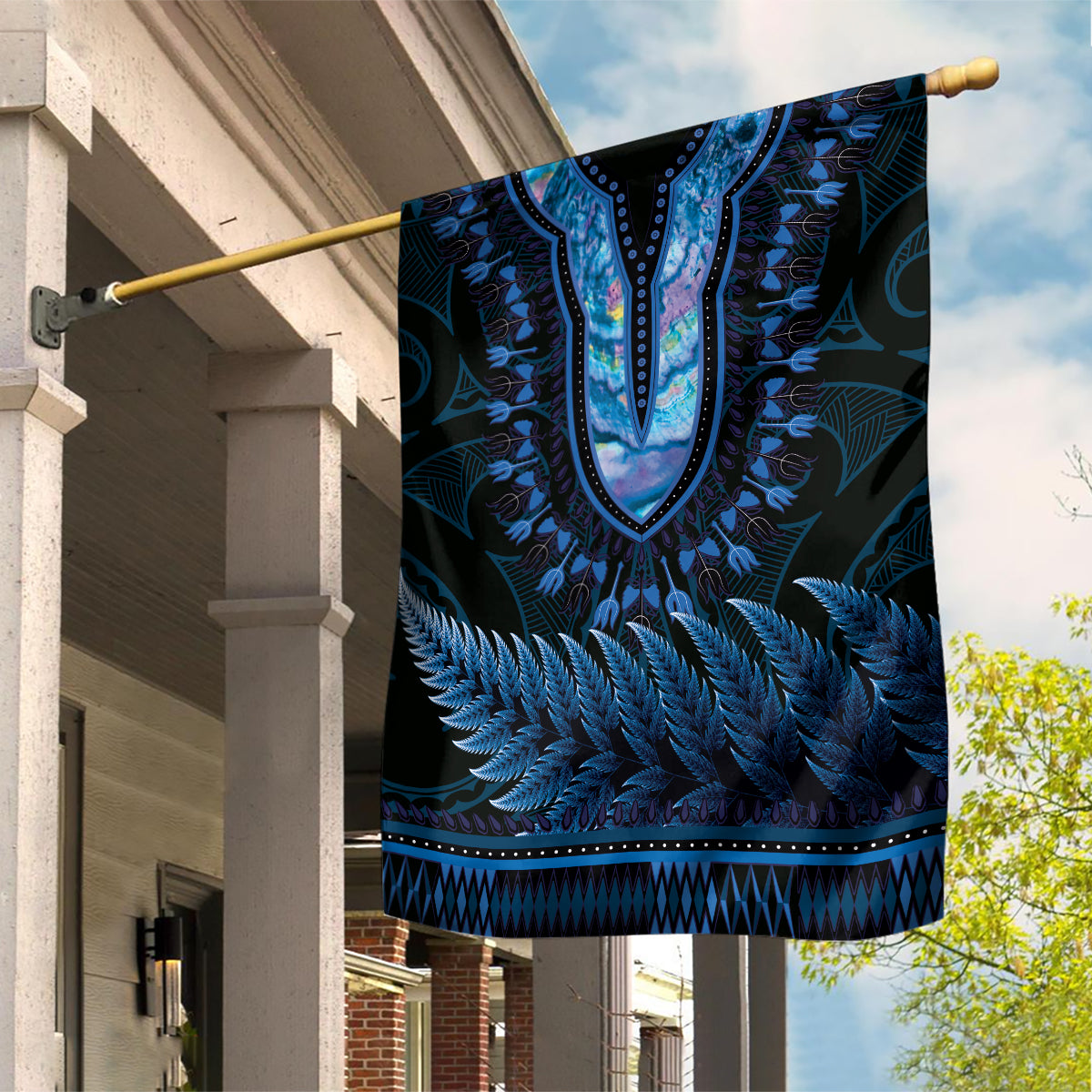 Blue African Dashiki With Aotearoa Maori Garden Flag Paua Shell Mix Silver Fern LT14 House Flag Blue - Polynesian Pride