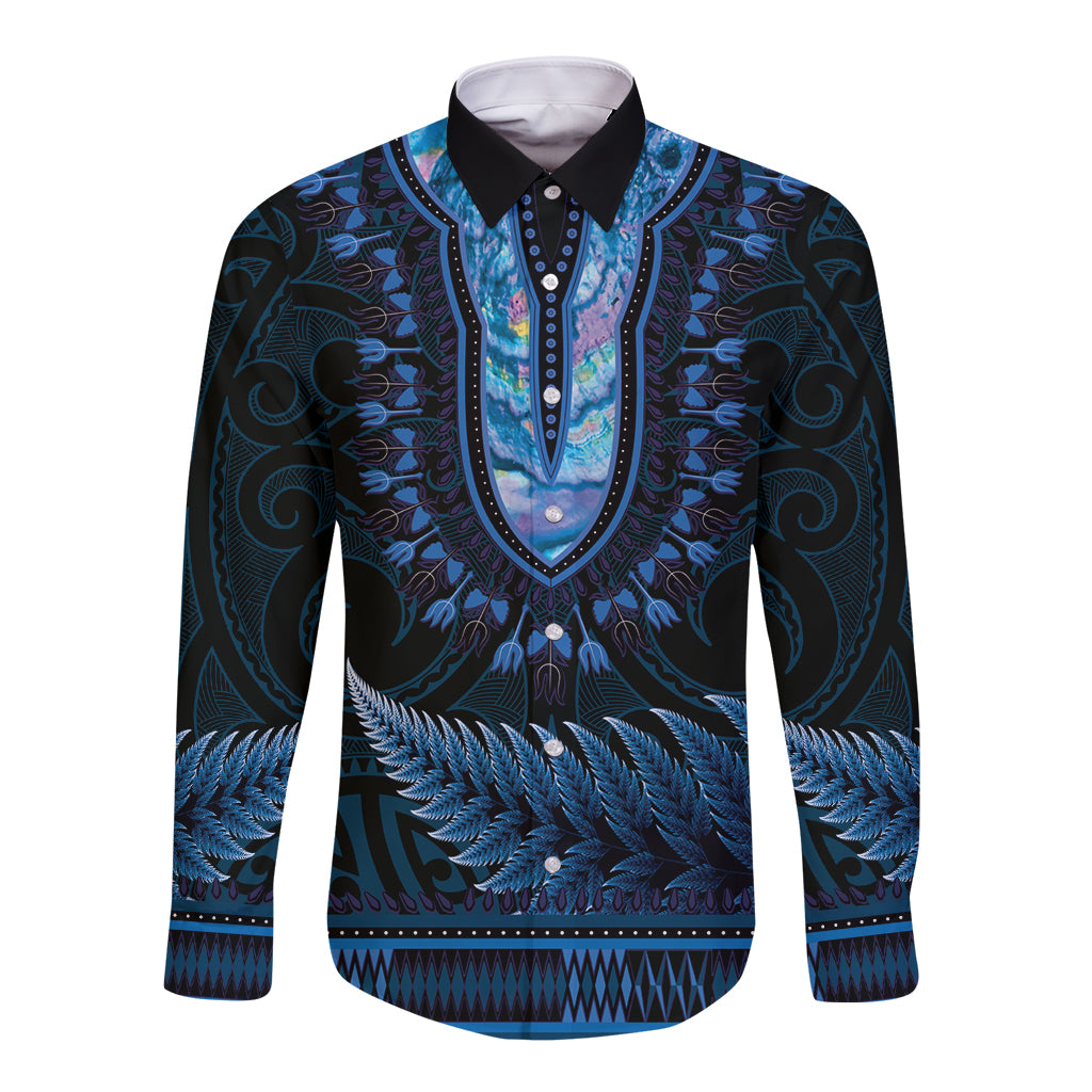 Blue African Dashiki With Aotearoa Maori Long Sleeve Button Shirt Paua Shell Mix Silver Fern LT14 Unisex Blue - Polynesian Pride