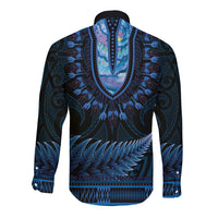 Blue African Dashiki With Aotearoa Maori Long Sleeve Button Shirt Paua Shell Mix Silver Fern LT14 - Polynesian Pride