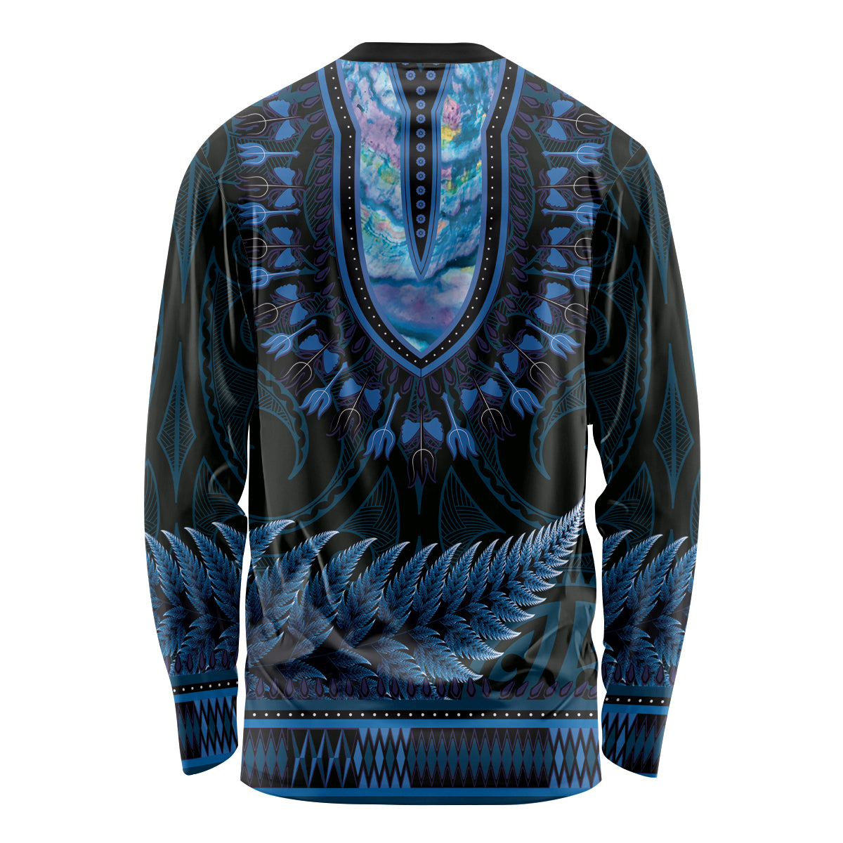 Blue African Dashiki With Aotearoa Maori Long Sleeve Shirt Paua Shell Mix Silver Fern