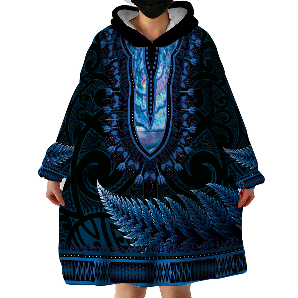 Blue African Dashiki With Aotearoa Maori Wearable Blanket Hoodie Paua Shell Mix Silver Fern