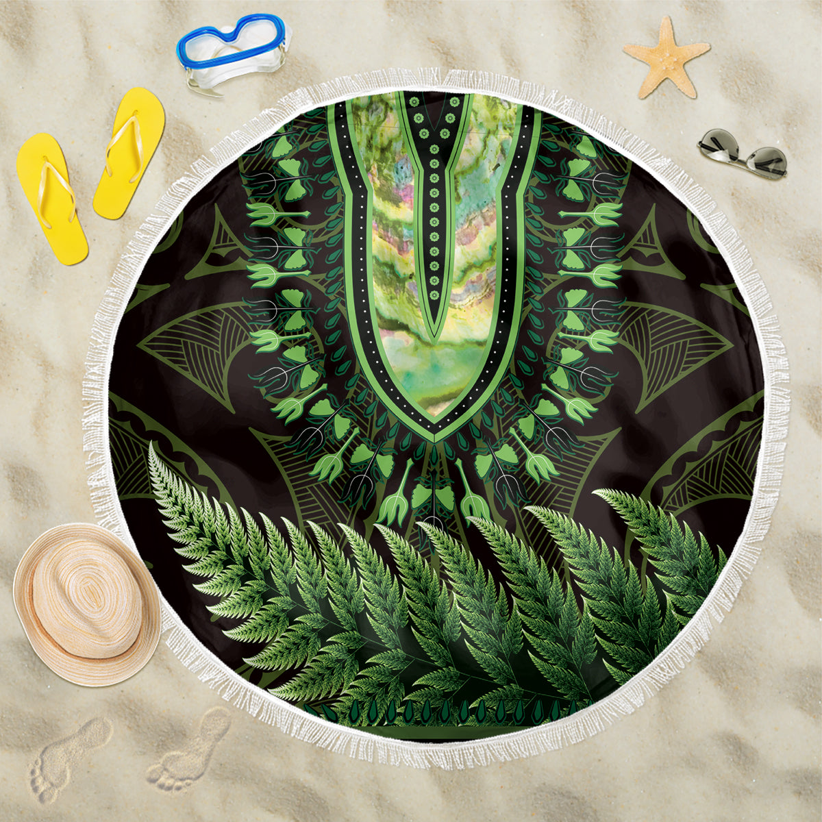 Lime Green African Dashiki With Aotearoa Maori Beach Blanket Paua Shell Mix Silver Fern