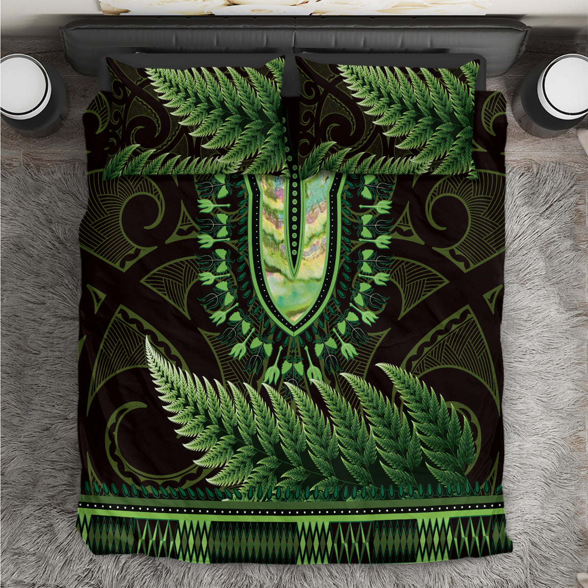 Lime Green African Dashiki With Aotearoa Maori Bedding Set Paua Shell Mix Silver Fern