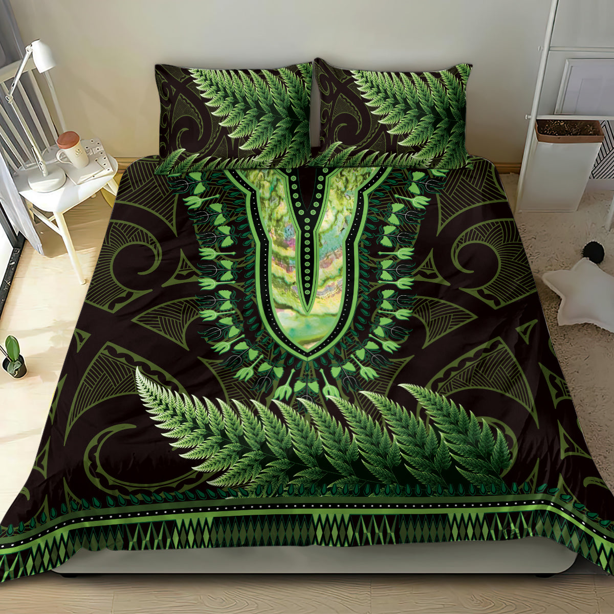 Lime Green African Dashiki With Aotearoa Maori Bedding Set Paua Shell Mix Silver Fern
