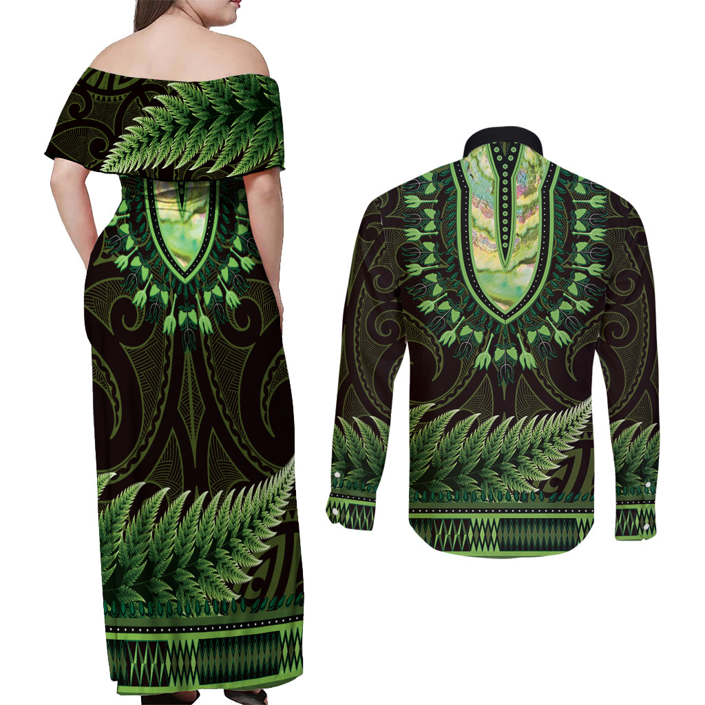 Lime Green African Dashiki With Aotearoa Maori Couples Matching Off Shoulder Maxi Dress and Long Sleeve Button Shirt Paua Shell Mix Silver Fern
