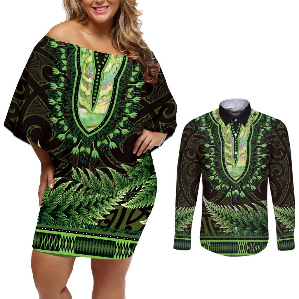 Lime Green African Dashiki With Aotearoa Maori Couples Matching Off Shoulder Short Dress and Long Sleeve Button Shirt Paua Shell Mix Silver Fern LT14 Lime Green - Polynesian Pride
